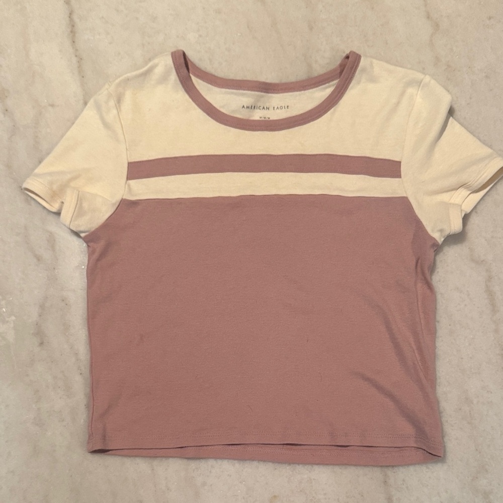 American Eagle Outfitters Pink and Cream Short Sleeve Tee